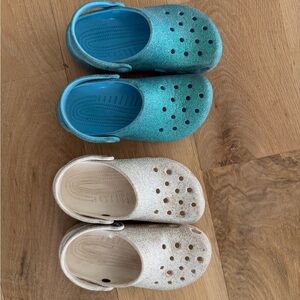 CROCS Kids Glitter Clogs - Teal and Cream 2 pair J1 size